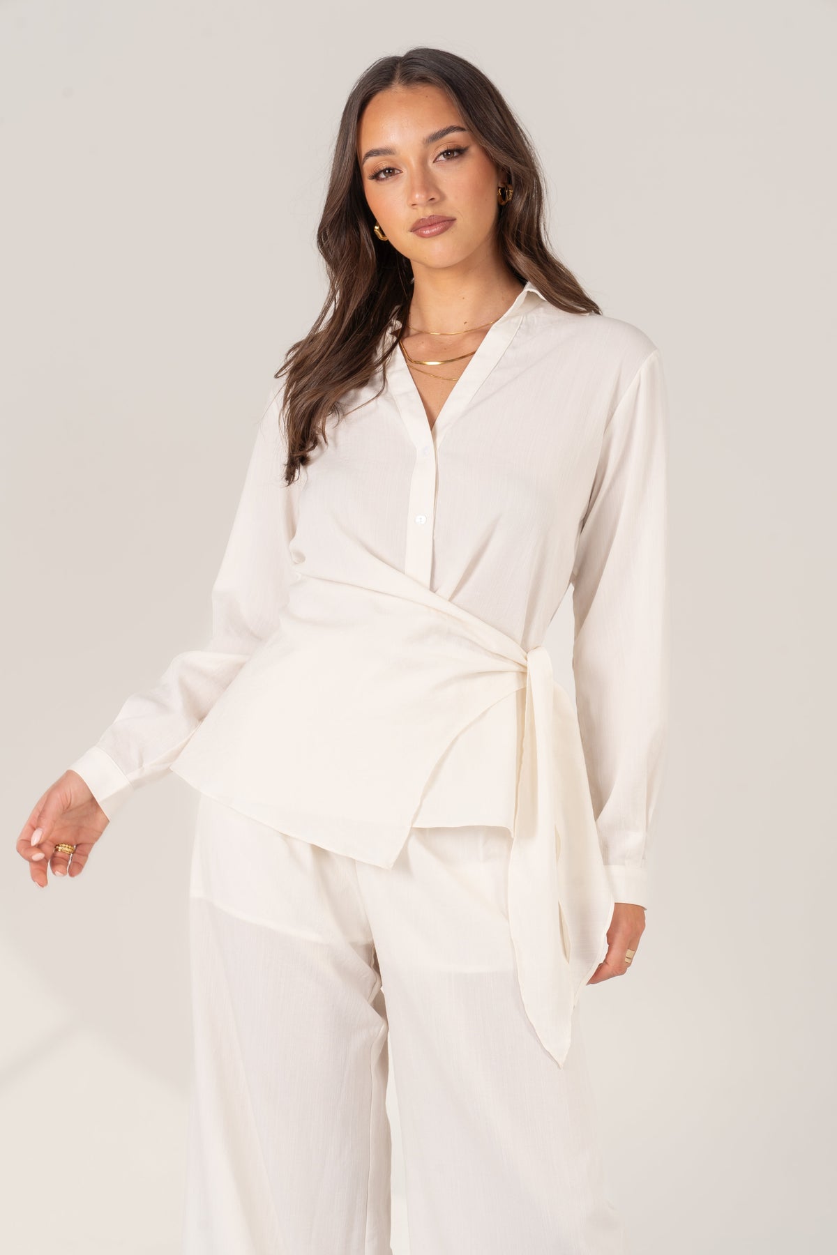 Aisling Two Piece Set - Waist Tie Button-Up Shirt & Wide-Leg Pants