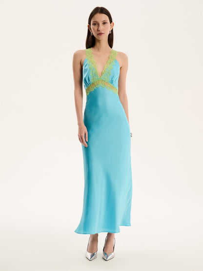 Aurelia Lace Trim Maxi Dress in Turquoise and Green
