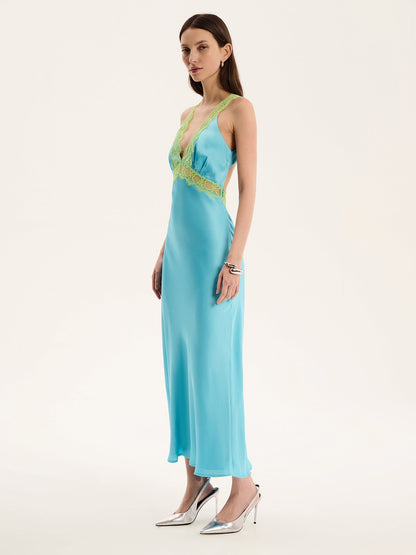 Aurelia Lace Trim Maxi Dress in Turquoise and Green