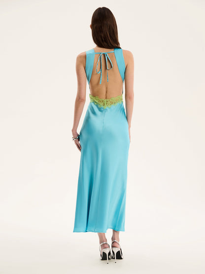 Aurelia Lace Trim Maxi Dress in Turquoise and Green