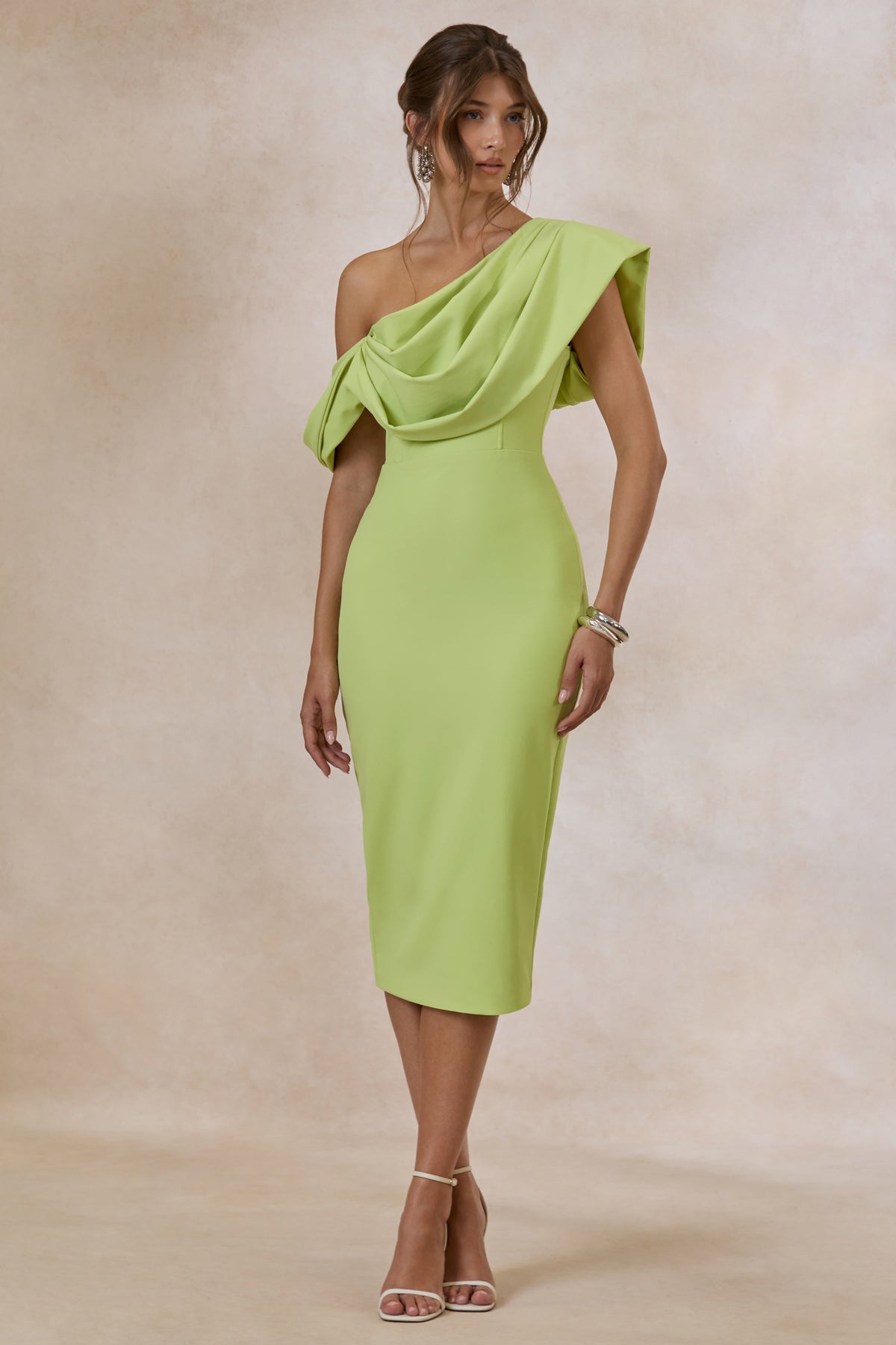 Adrina | Lime Draped One Shoulder Midi Dress