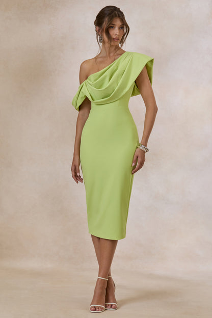 Adrina | Lime Draped One Shoulder Midi Dress