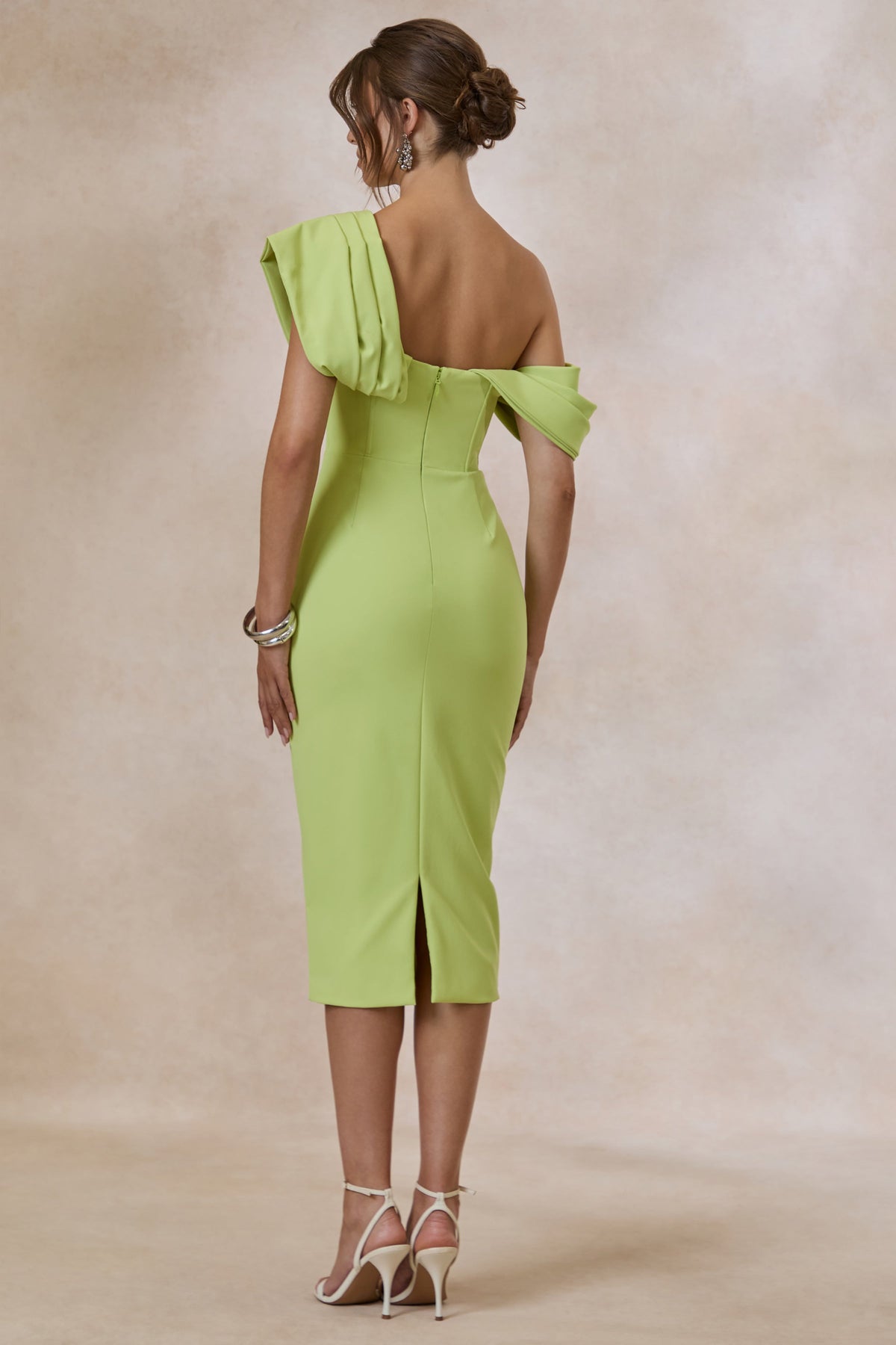 Adrina | Lime Draped One Shoulder Midi Dress