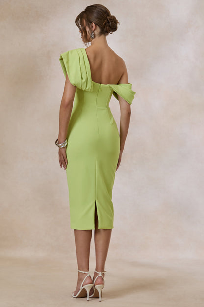 Adrina | Lime Draped One Shoulder Midi Dress