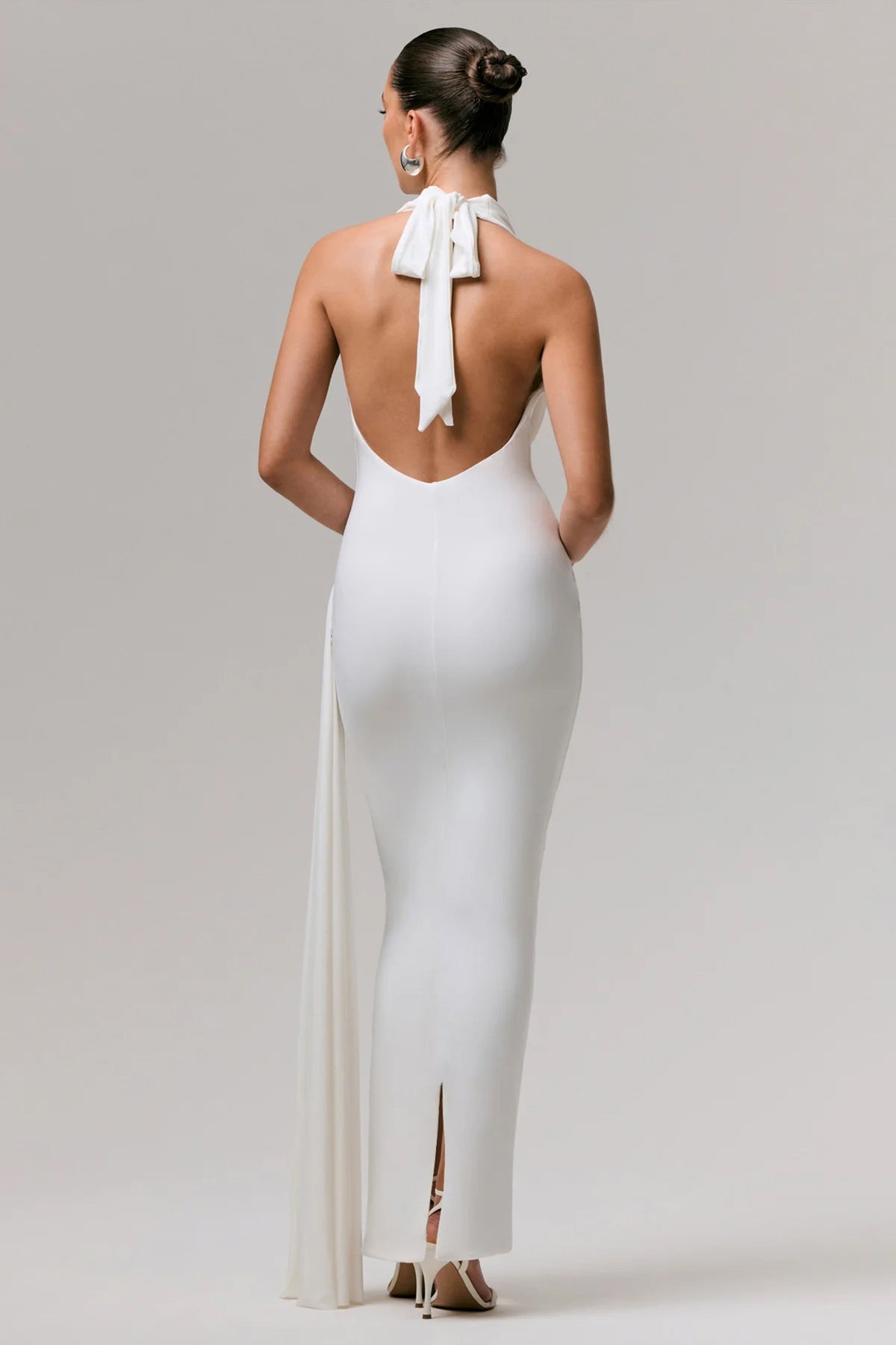 Maude | White Plunge-Neck Ruched Maxi Dress With Sash