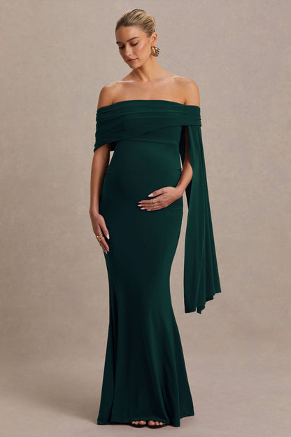 Aquila | Bottle Green Bardot Maternity Maxi Dress With Draped Detail
