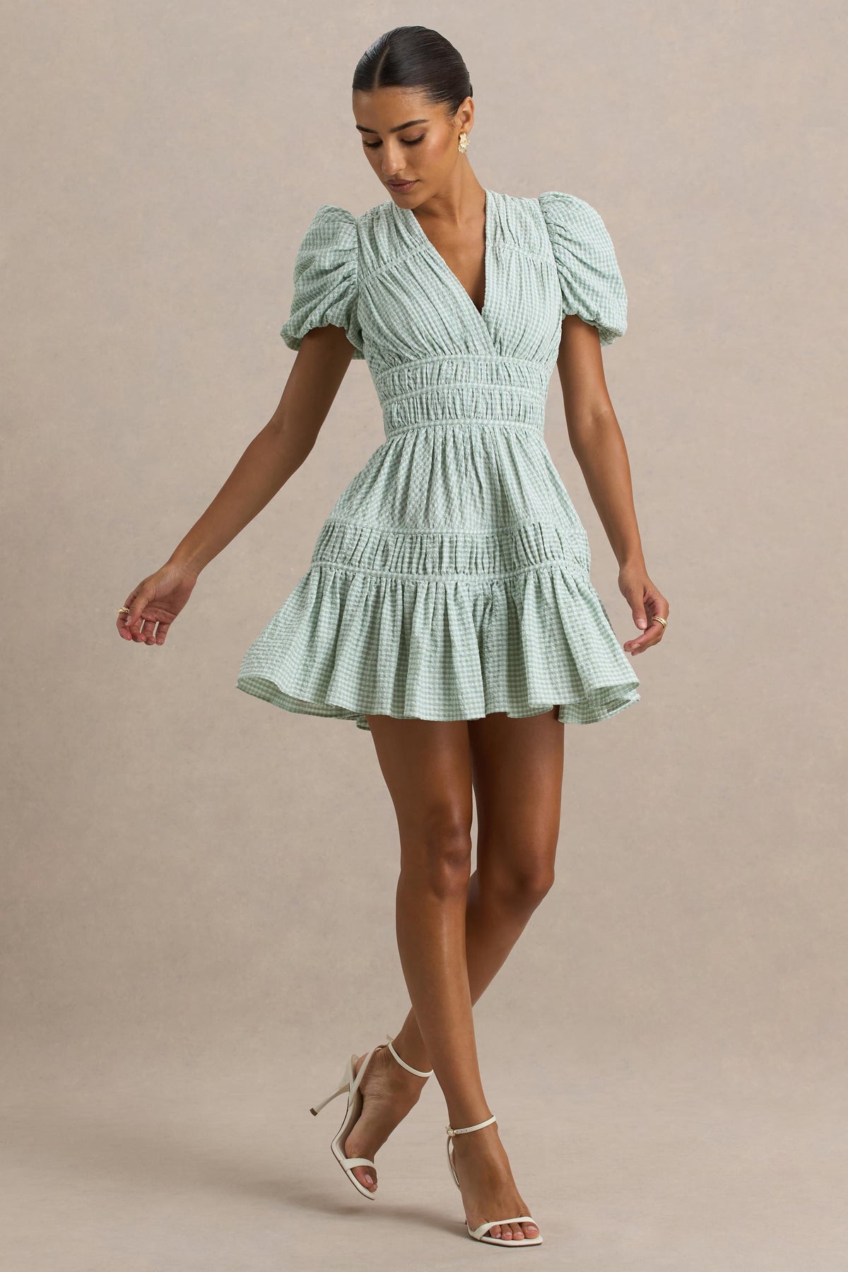 Laurelle | Green Extreme Plunge-Neck Mini Dress With Ruffled Detailing