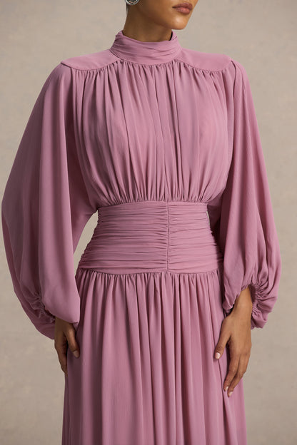 Annabel | Dusty Pink High-Neck Midi Dress With Pleating