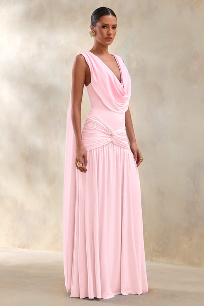 Amelisse | Light Pink Plunge-Neck Maxi Dress With Ruched-Detailing