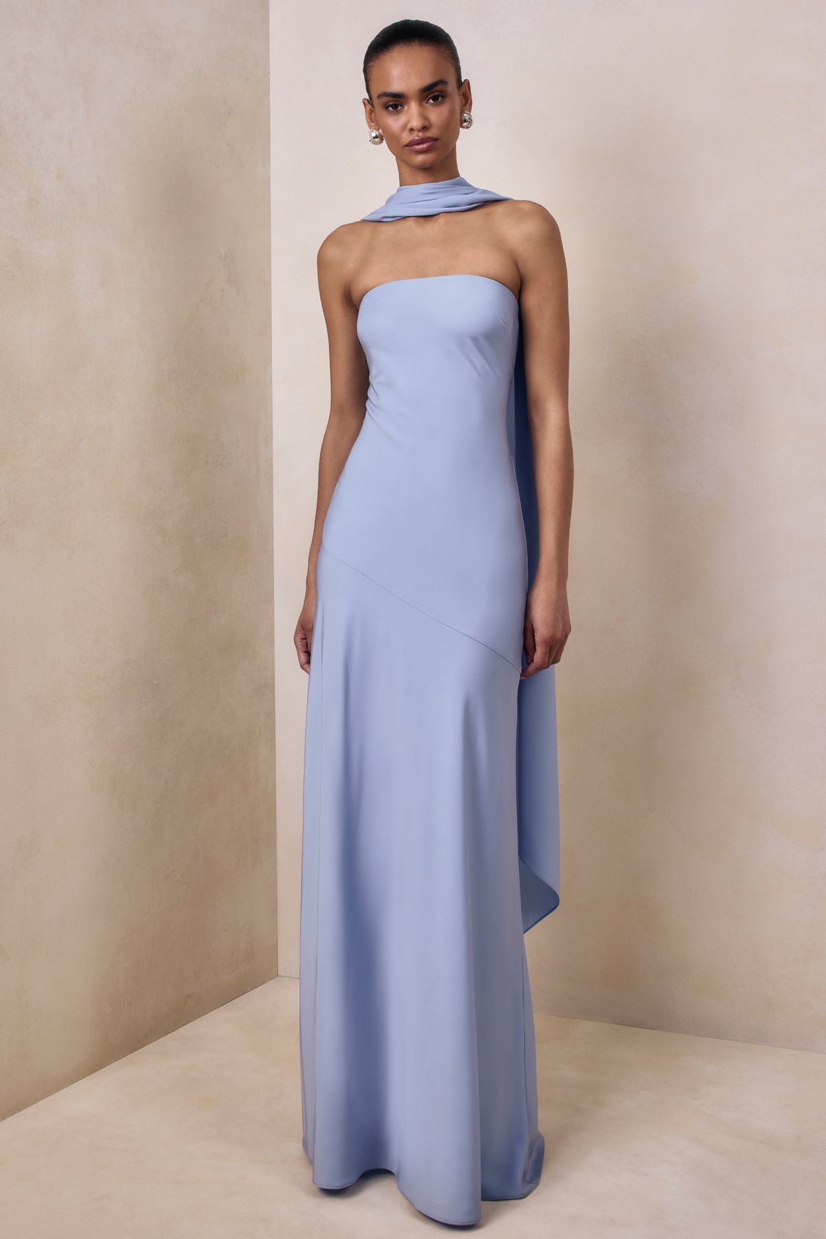 Charly | Powder Blue Matte Satin Bandeau Maxi Dress With Scarf-Detail