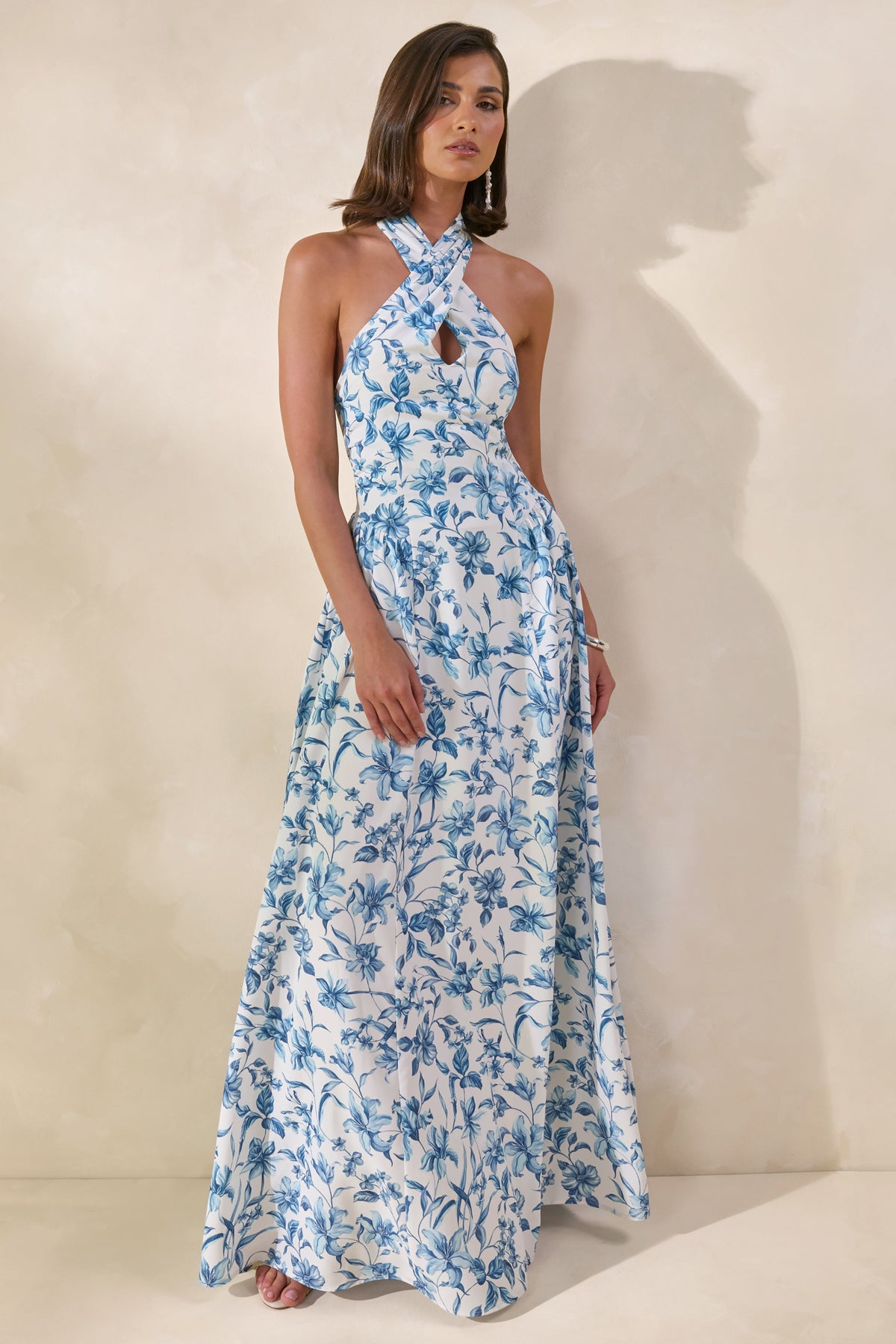 Liana | Blue Porcelain Print Halter-Neck Maxi Dress