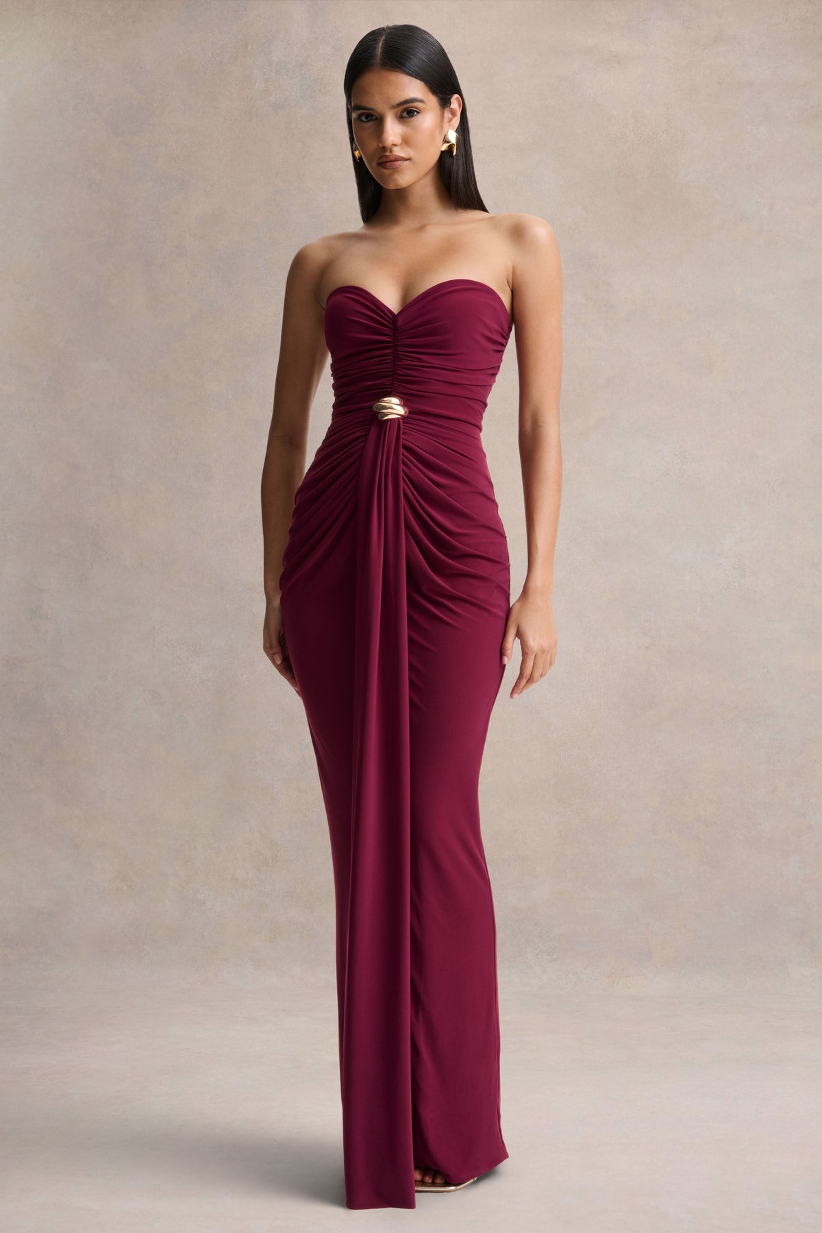 Beverly | Burgundy Bandeau Maxi Dress With Gathered-Detailing