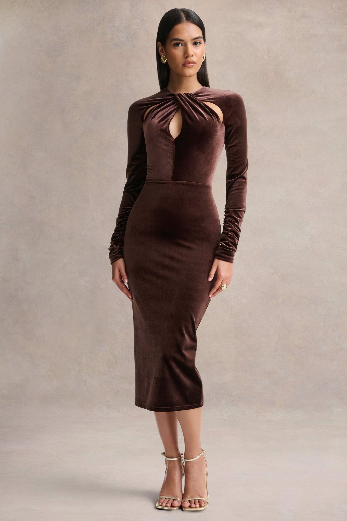 Francine | Brown Velvet Round-Neck Midi Dress With Cut-Out Details