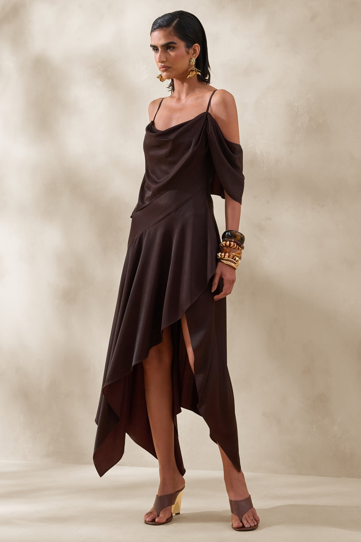 Helira | Brown Asymmetric Midi Dress With Draping Detailing and Open-Back