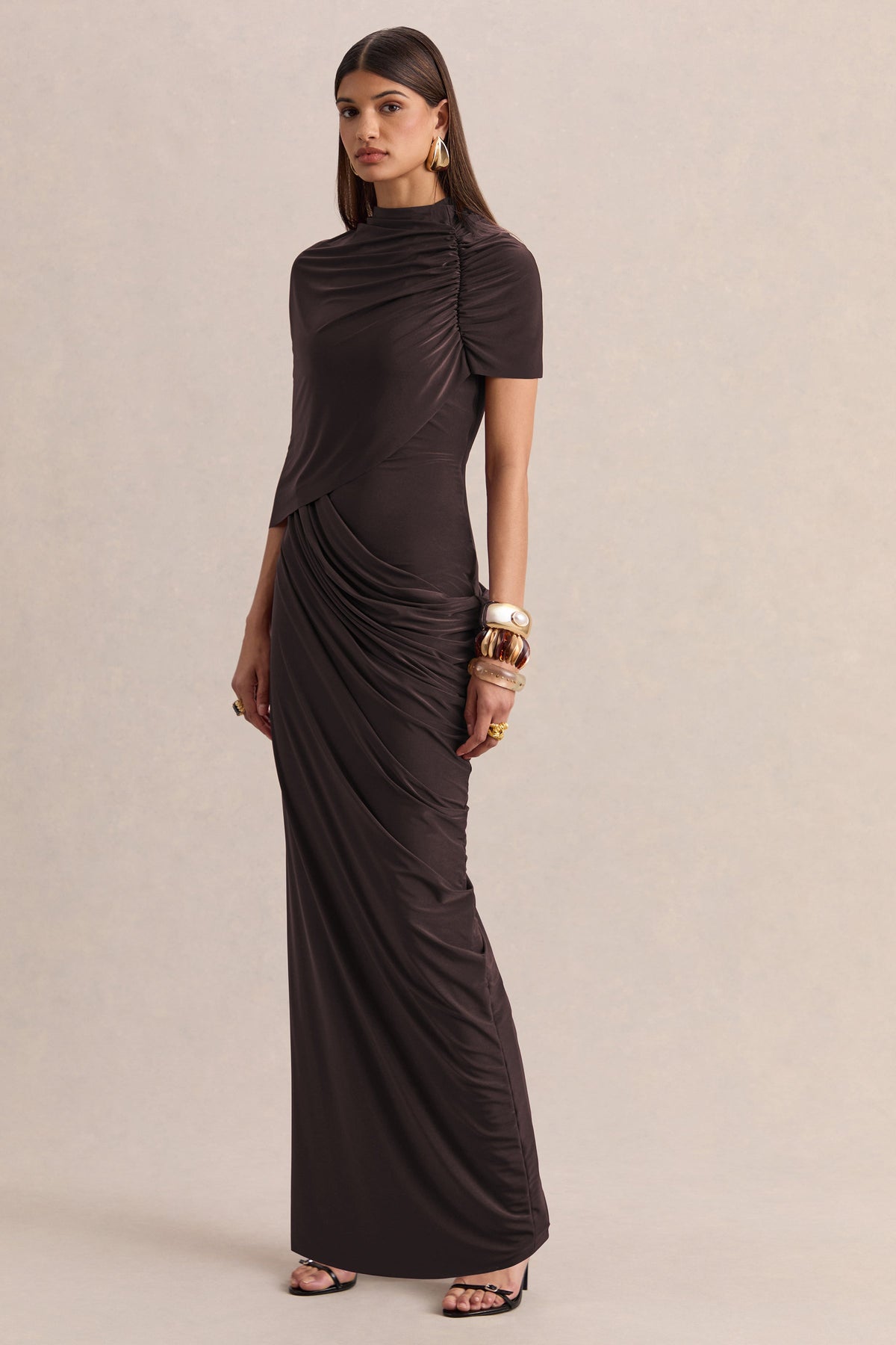 Lunaline | Brown High-Neck Maxi Dress With Asymmetric Cape And Draped-Detailing