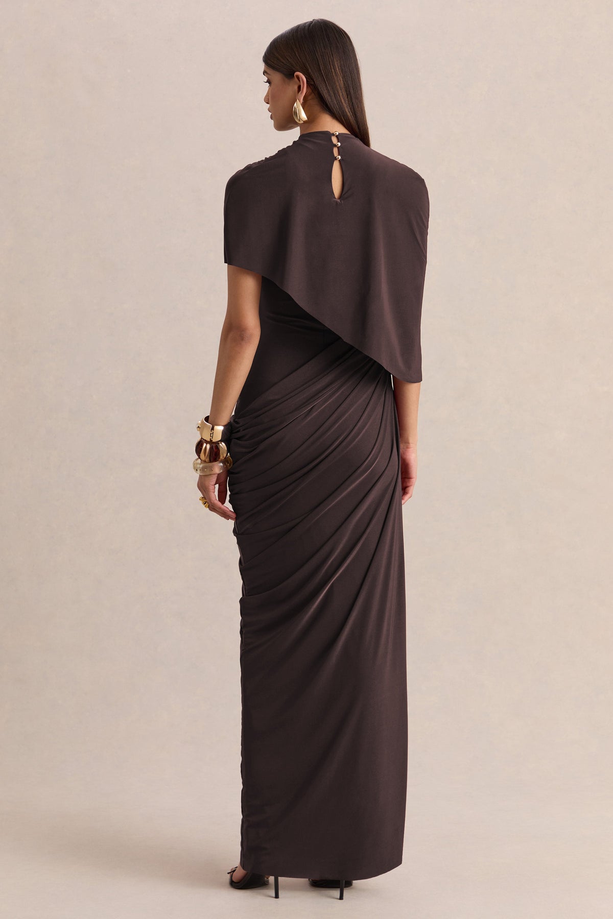 Lunaline | Brown High-Neck Maxi Dress With Asymmetric Cape And Draped-Detailing