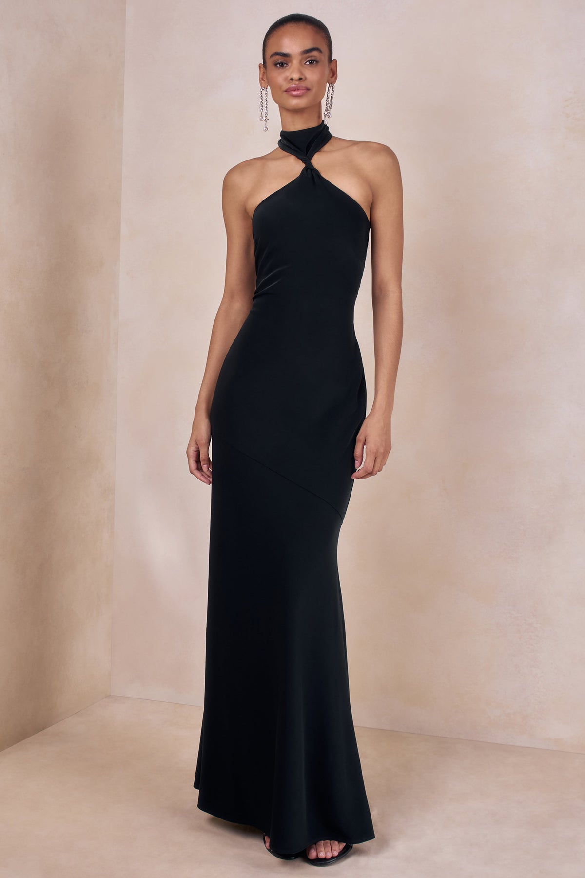 Bellora | Black Satin Halter-Neck Maxi Dress With Scarf-Detail