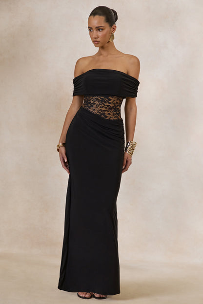 Forsya | Black Bardot-Neck Maxi Dress With Lace-Detailing