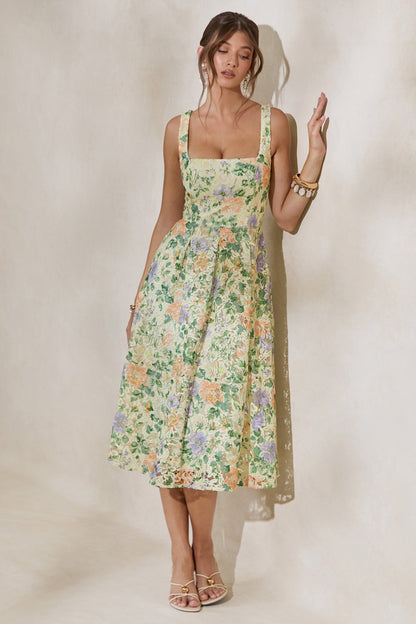 Lorielle | Lemon Floral Print Lace Square-Neck Midi Dress