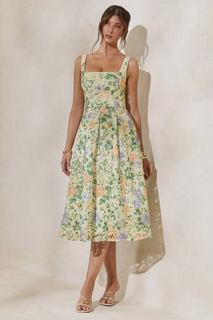 Lorielle | Lemon Floral Print Lace Square-Neck Midi Dress