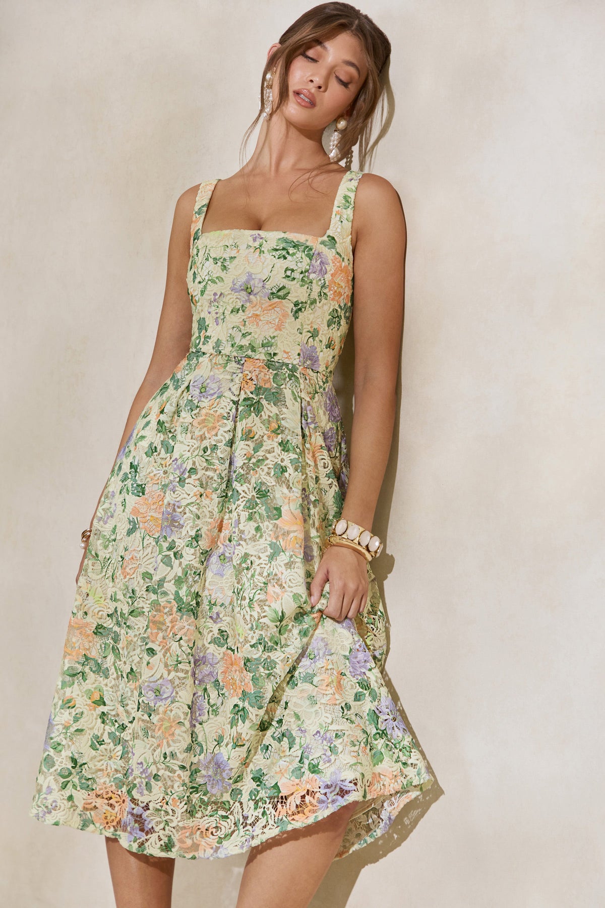 Lorielle | Lemon Floral Print Lace Square-Neck Midi Dress