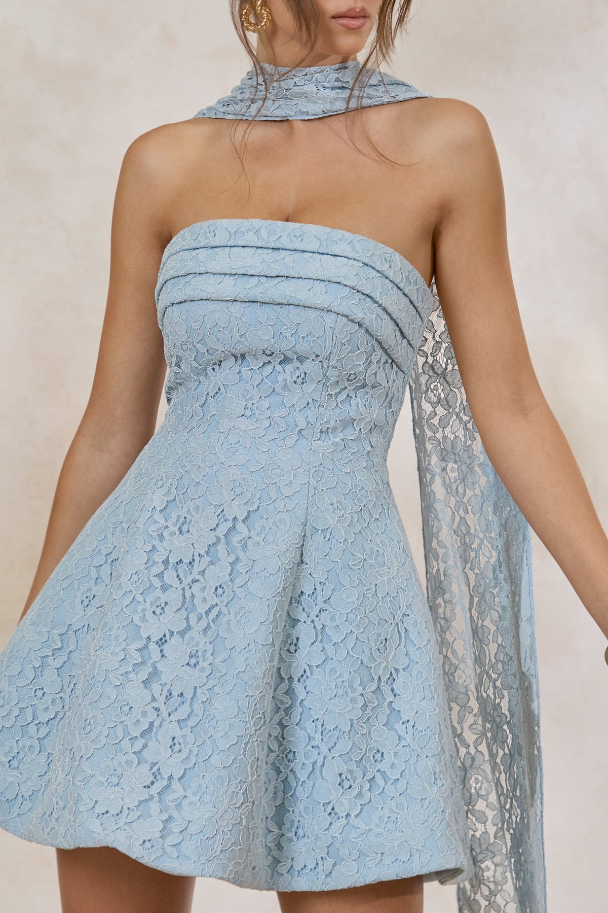 Elvara | Light Blue Lace Bandeau-Neck Mini Dress With Scarf Detail