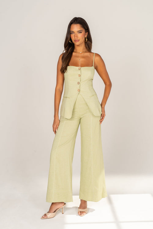 Callie Soft Green Peplum Top & Wide Leg Pant Set