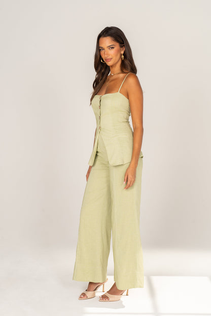 Callie Soft Green Peplum Top & Wide Leg Pant Set