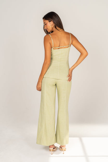 Callie Soft Green Peplum Top & Wide Leg Pant Set