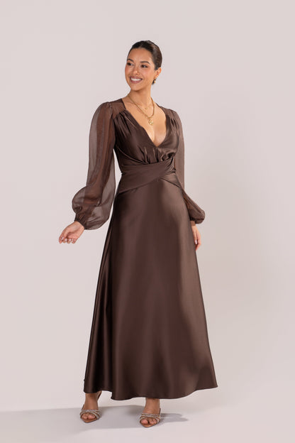 Carlotta Chocolate Maxi Dress with Sheer Billowed Sleeves