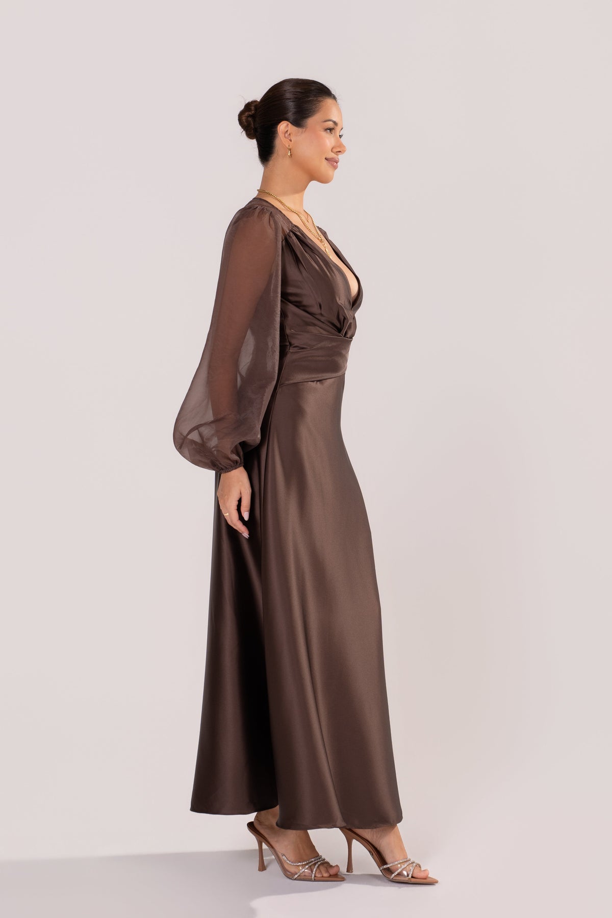 Carlotta Chocolate Maxi Dress with Sheer Billowed Sleeves