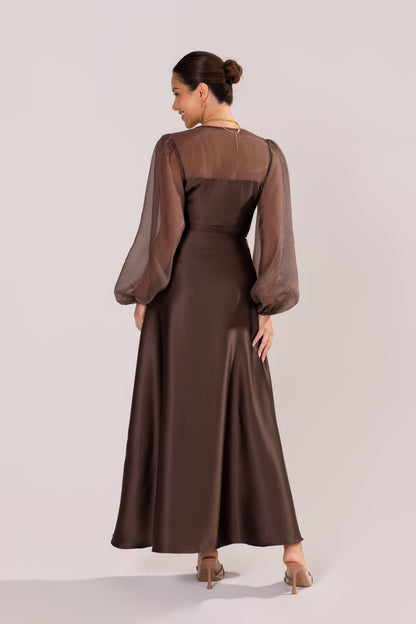 Carlotta Chocolate Maxi Dress with Sheer Billowed Sleeves