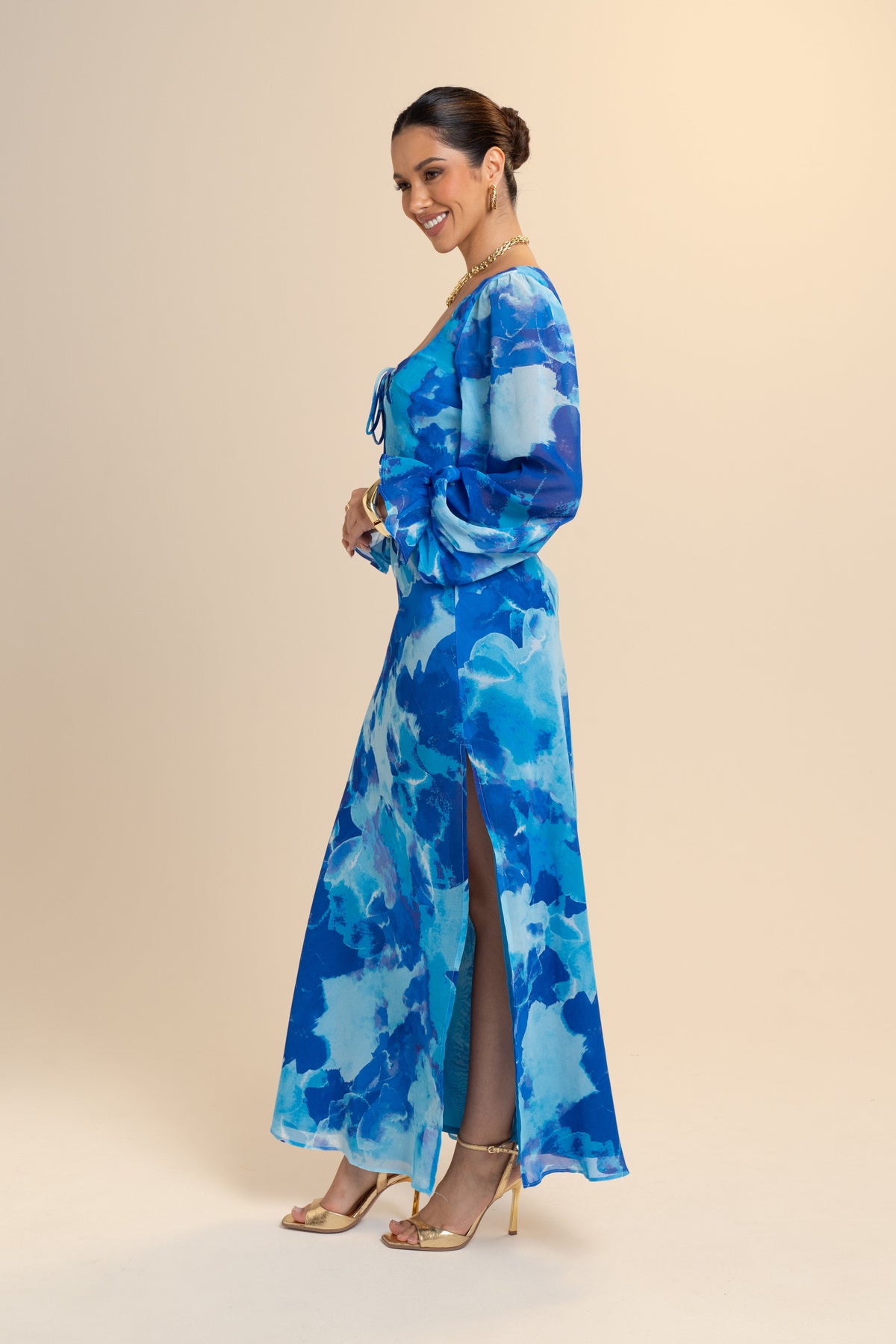 Mika Long Sleeve Blue Print Maxi Dress