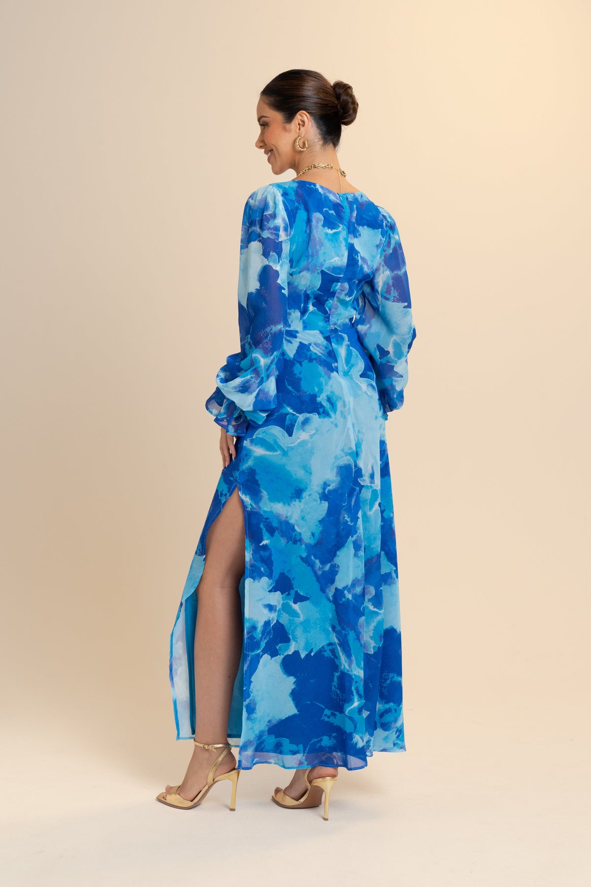 Mika Long Sleeve Blue Print Maxi Dress