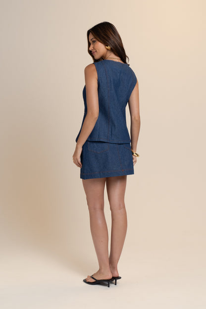 Lorena Two Piece Denim Set - Vest Top & Mini Skirt