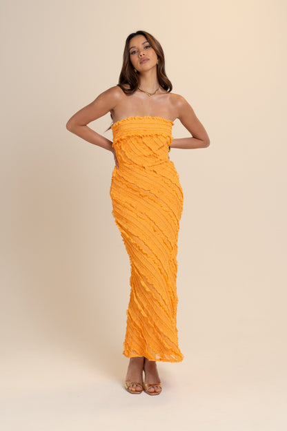 Dionne Strapless Textured Orange Maxi Dress