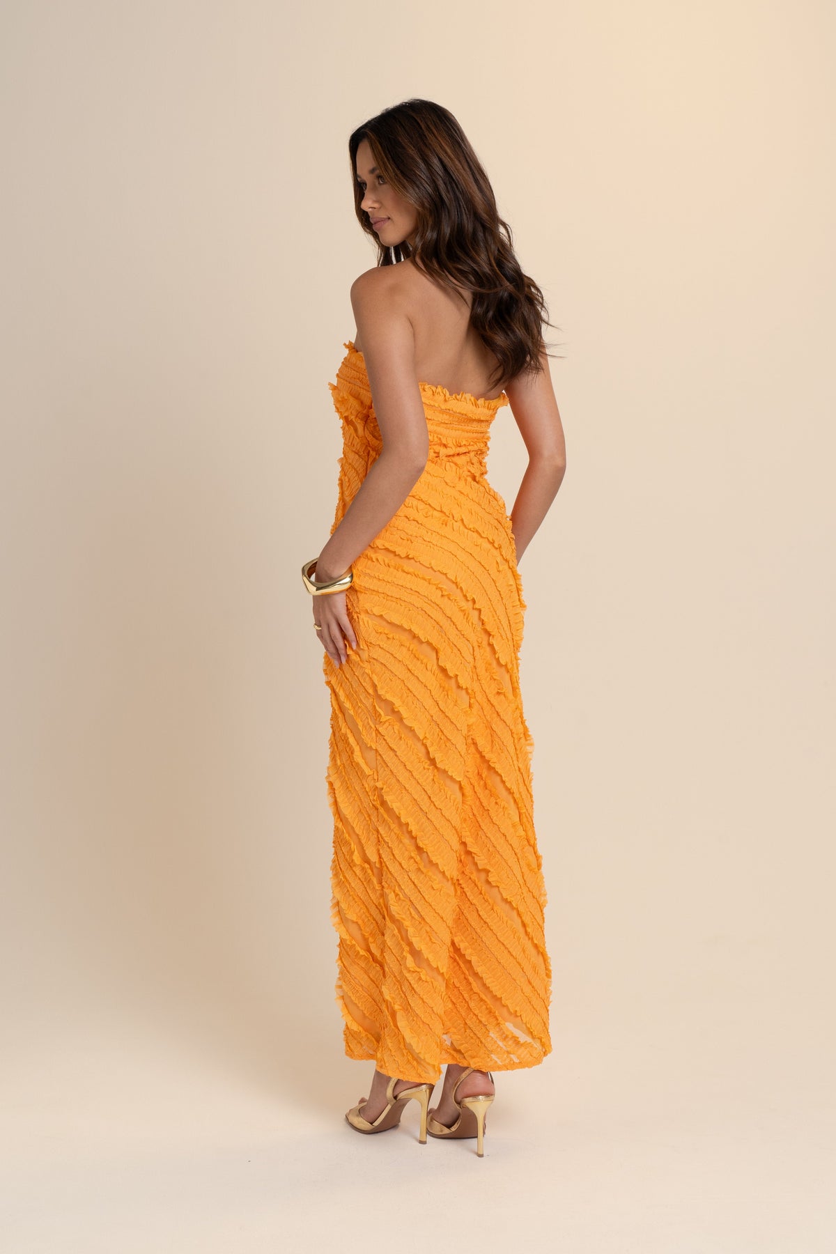 Dionne Strapless Textured Orange Maxi Dress
