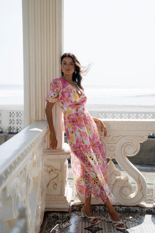 Blossom Pink Print Maxi Dress with Puffed Sleeves