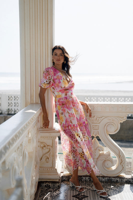 Blossom Pink Print Maxi Dress with Puffed Sleeves