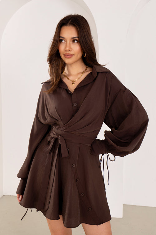 Danette Long Sleeve Chocolate Shimmer Mini Dress