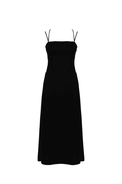 Lila Black Midi Dress with Cross-Back Ties