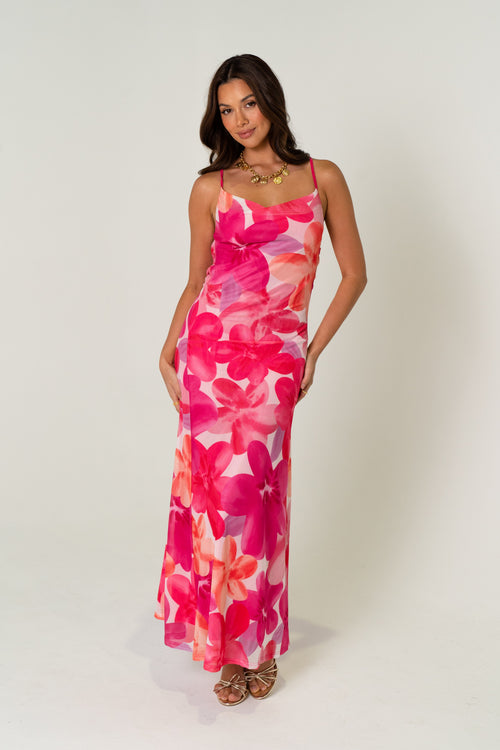 Kaitlyn Pink Print Cross Back Party Dress