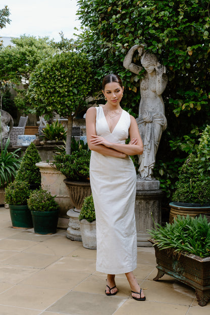 Anna Linen Midi Dress with Back Ties
