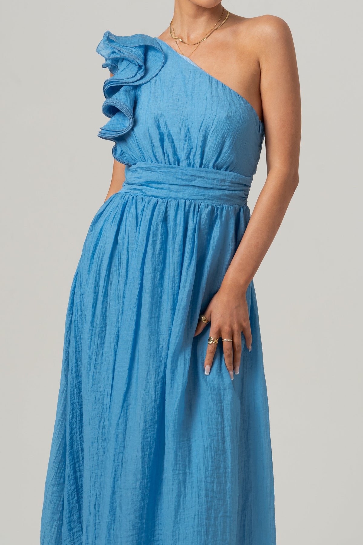 Zara One-Shoulder Ruffle Midi Dress