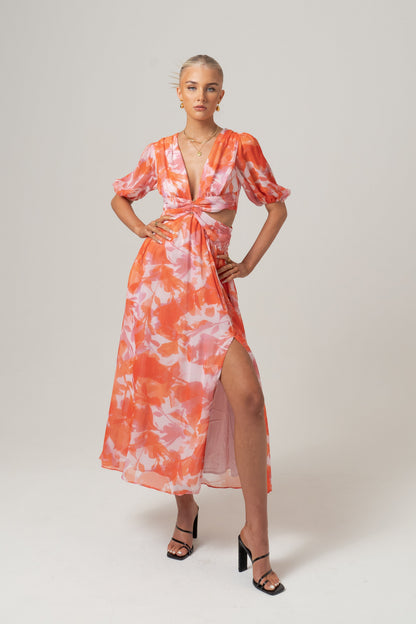 Latife Puff Sleeve Print Maxi Dress with Waist Cut-Outs