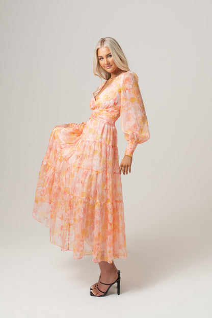 Victoria Peach Maxi Dress with Long Sleeves