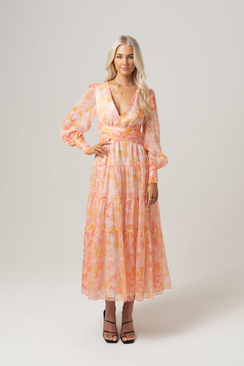 Victoria Peach Maxi Dress with Long Sleeves