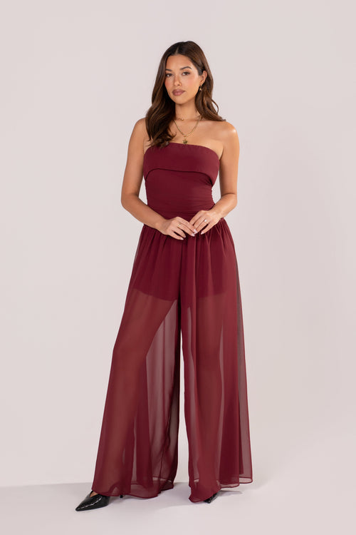 Evania Strapless Wine Jumpsuit with Sheer Overlay