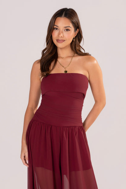 Evania Strapless Wine Jumpsuit with Sheer Overlay