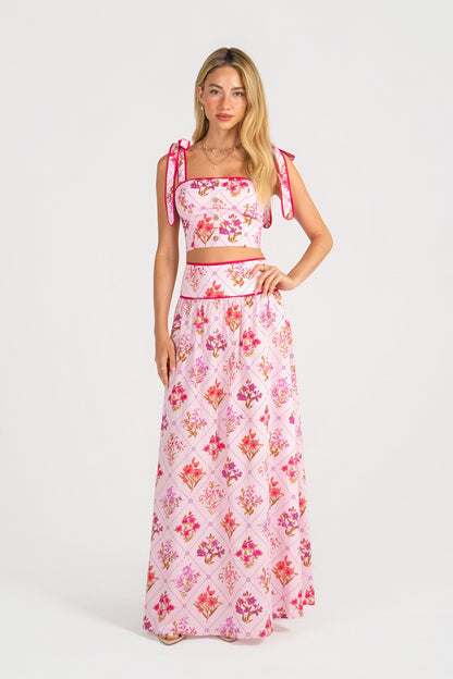 Everly Pink Floral Two Piece Set - Adjustable Tie Cropped Top & Maxi Skirt